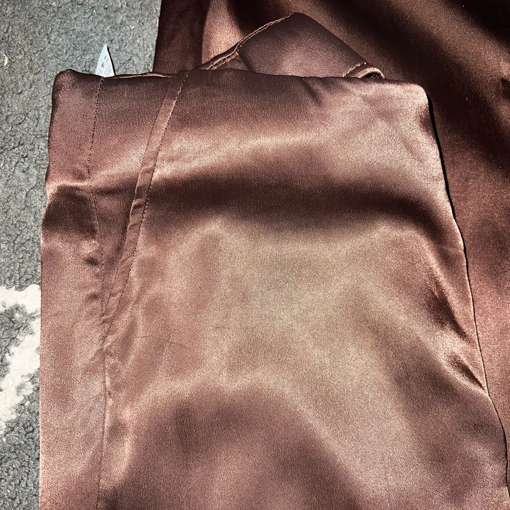 Zara Full Length Chocolate Brown High Waisted Satin Effect Pants Sz Medium NEW - Picture 3 of 7